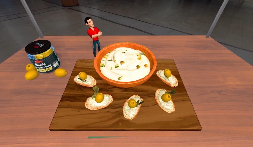 Simulación digital de una receta con aceitunas Búfalo en un entorno de realidad aumentada.