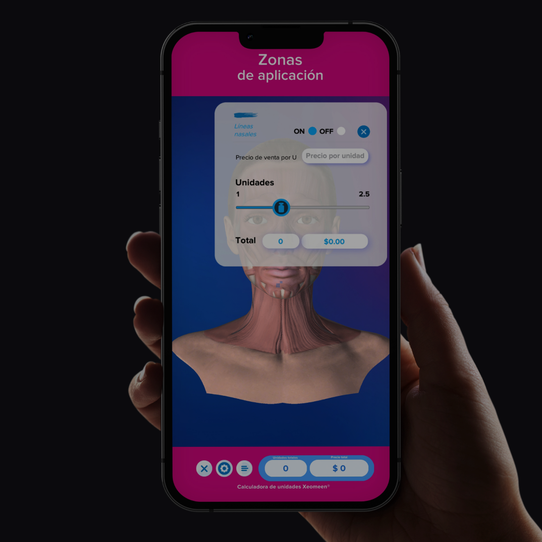 Simulación digital de aplicación de Xeomen en un dispositivo móvil con interfaz interactiva.